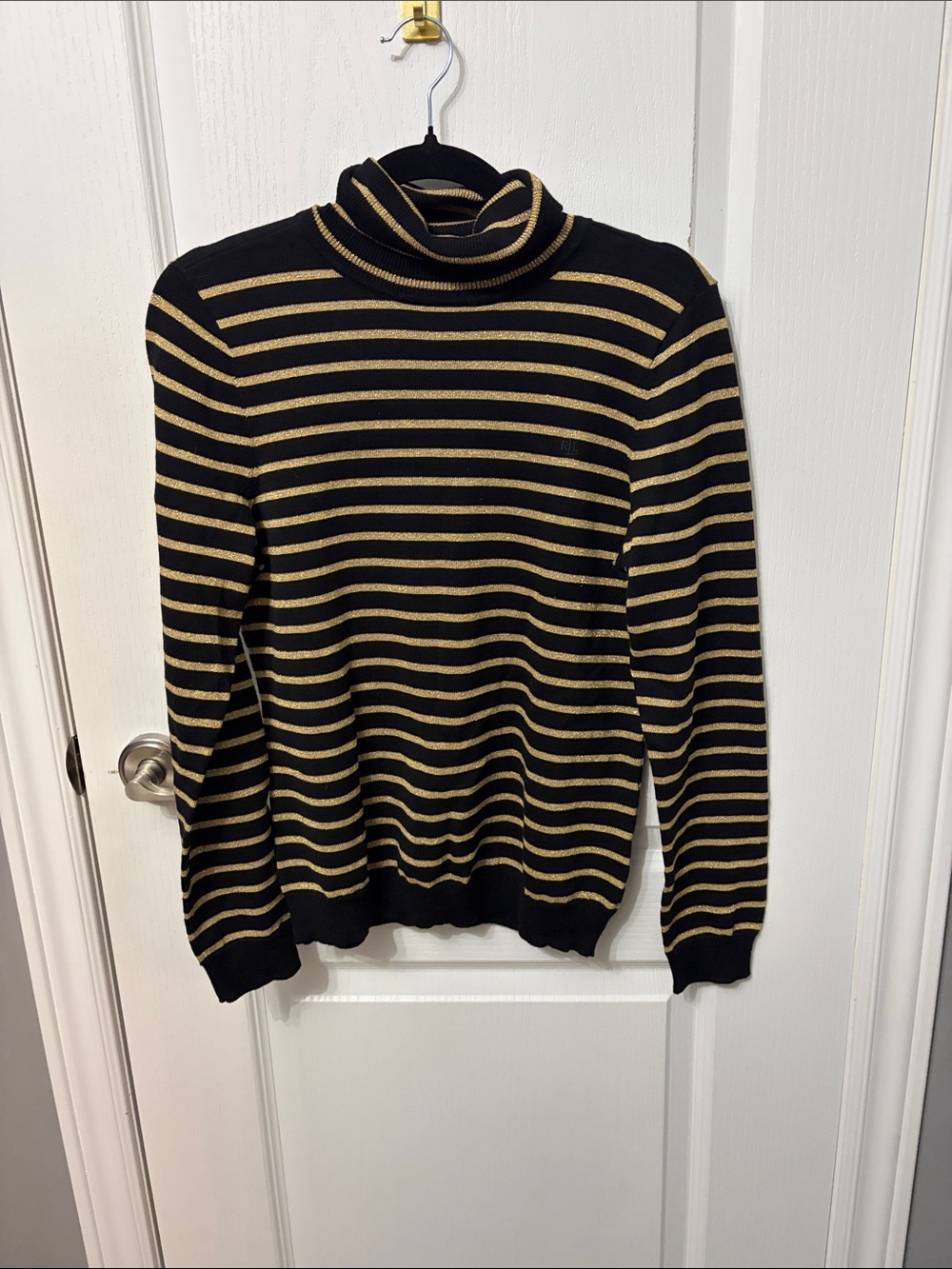 Lauren Ralph Lauren Black and Gold Striped Turtleneck Sweater